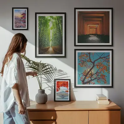 Wanddecoratie met een compositie van landschappen met Japanse bamboebloemen 