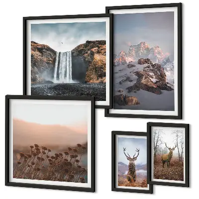 Gallery wall met berglandschappen en wilde dieren