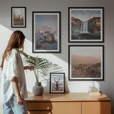 Gallery wall met berglandschappen en wilde dieren