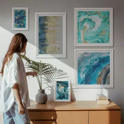 Wanddecoratie abstracte compositie in blauwe tinten