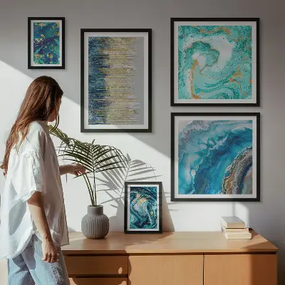 Wanddecoratie abstracte compositie in blauwe tinten