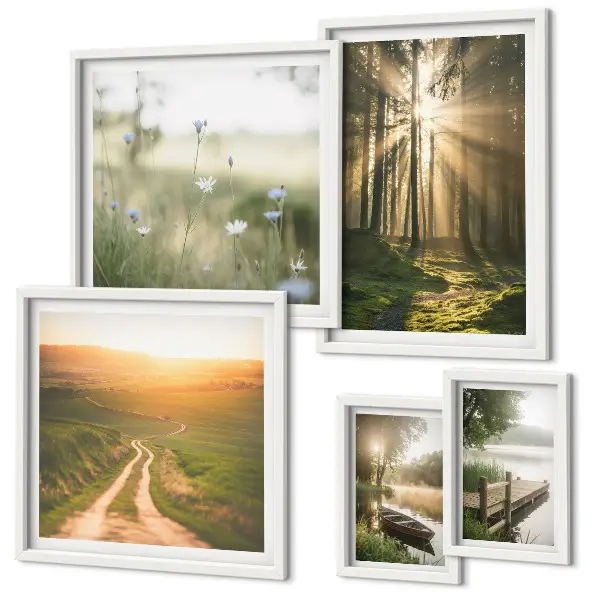 Gallery wall met boslandschap met zon en water