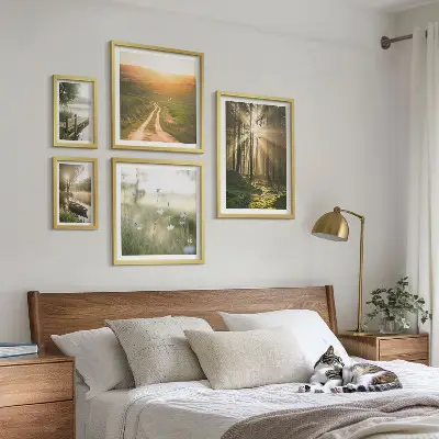 Gallery wall met boslandschap met zon en water