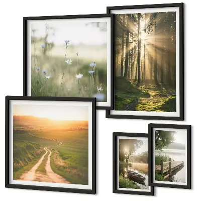 Gallery wall met boslandschap met zon en water