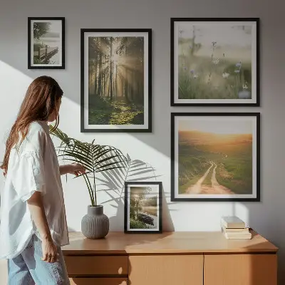 Gallery wall met boslandschap met zon en water