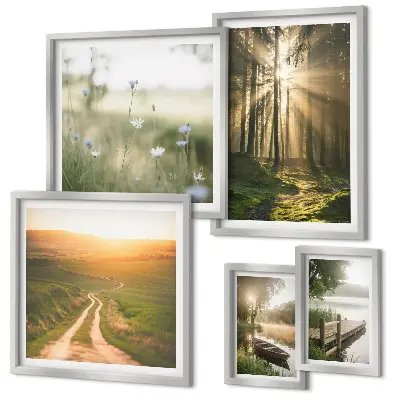 Gallery wall met boslandschap met zon en water