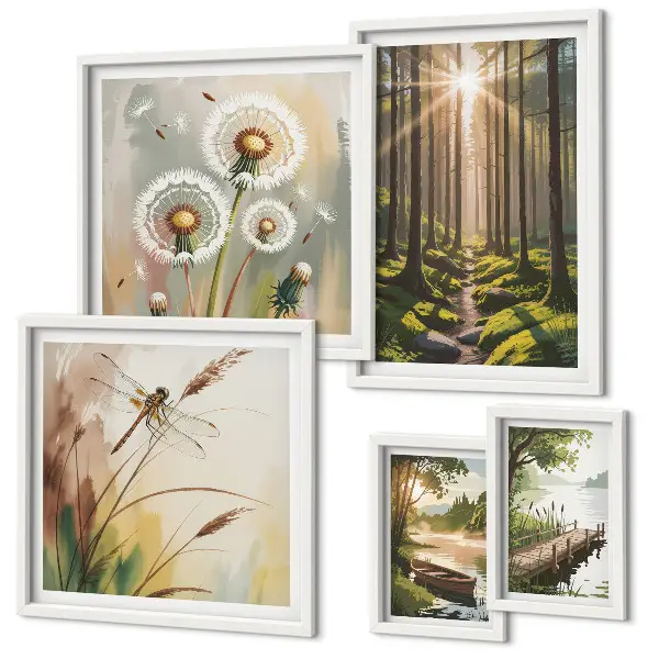 Wanddecoratie compositie met boslandschap in een rustgevende natuurstijl