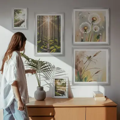 Wanddecoratie compositie met boslandschap in een rustgevende natuurstijl