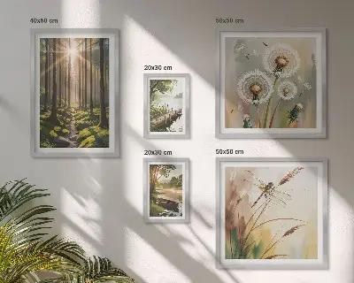 Wanddecoratie compositie met boslandschap in een rustgevende natuurstijl