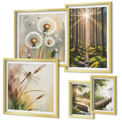 Wanddecoratie compositie met boslandschap in een rustgevende natuurstijl