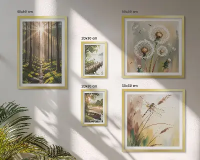 Wanddecoratie compositie met boslandschap in een rustgevende natuurstijl