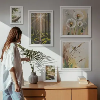 Wanddecoratie compositie met boslandschap in een rustgevende natuurstijl