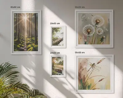 Wanddecoratie compositie met boslandschap in een rustgevende natuurstijl