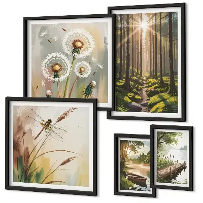 Wanddecoratie compositie met boslandschap in een rustgevende natuurstijl