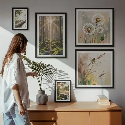 Wanddecoratie compositie met boslandschap in een rustgevende natuurstijl