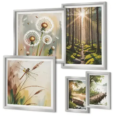 Wanddecoratie compositie met boslandschap in een rustgevende natuurstijl
