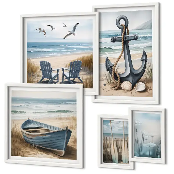 Moderne schilderijen set met maritieme strand en zee thema