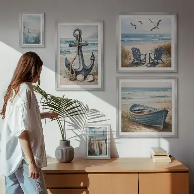 Moderne schilderijen set met maritieme strand en zee thema