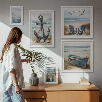 Moderne schilderijen set met maritieme strand en zee thema