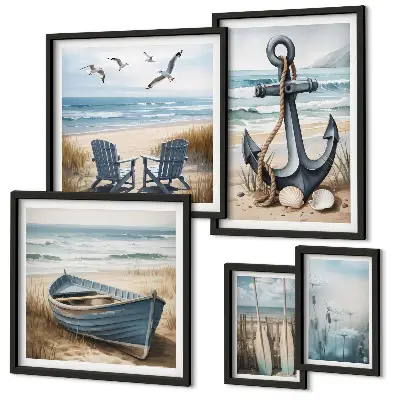 Moderne schilderijen set met maritieme strand en zee thema