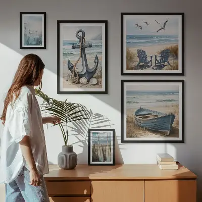 Moderne schilderijen set met maritieme strand en zee thema