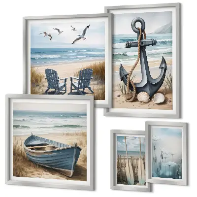 Moderne schilderijen set met maritieme strand en zee thema