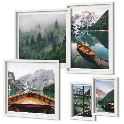 Moderne schilderijen set Rustige bergmeren, boten