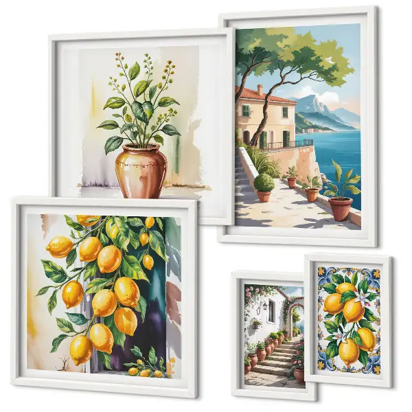 Set van moderne schilderijen met landschappen van citrusbomen en vegetatie