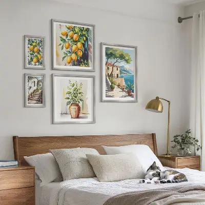 Set van moderne schilderijen met landschappen van citrusbomen en vegetatie