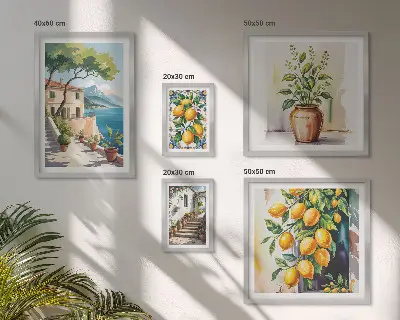 Set van moderne schilderijen met landschappen van citrusbomen en vegetatie