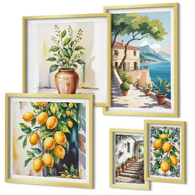 Set van moderne schilderijen met landschappen van citrusbomen en vegetatie