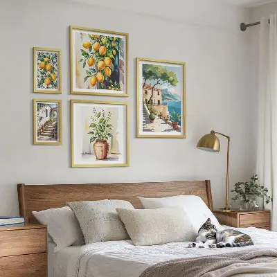 Set van moderne schilderijen met landschappen van citrusbomen en vegetatie