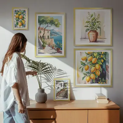Set van moderne schilderijen met landschappen van citrusbomen en vegetatie