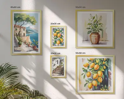 Set van moderne schilderijen met landschappen van citrusbomen en vegetatie