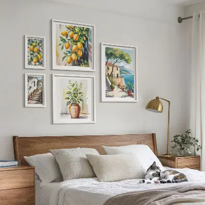 Set van moderne schilderijen met landschappen van citrusbomen en vegetatie