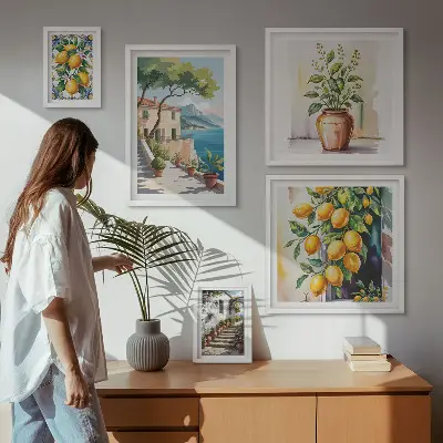 Set van moderne schilderijen met landschappen van citrusbomen en vegetatie