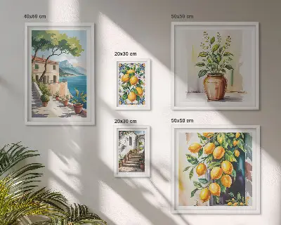 Set van moderne schilderijen met landschappen van citrusbomen en vegetatie
