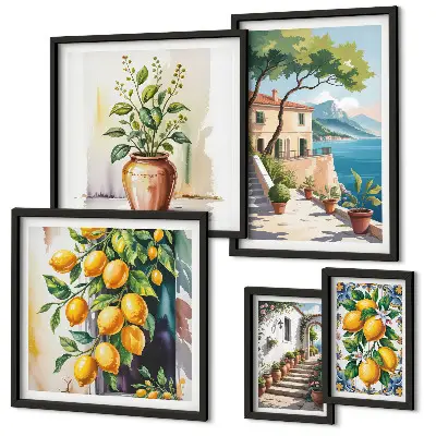 Set van moderne schilderijen met landschappen van citrusbomen en vegetatie