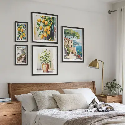 Set van moderne schilderijen met landschappen van citrusbomen en vegetatie