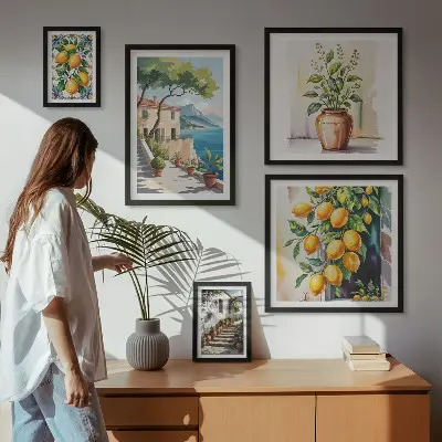 Set van moderne schilderijen met landschappen van citrusbomen en vegetatie