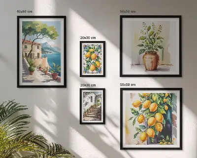 Set van moderne schilderijen met landschappen van citrusbomen en vegetatie