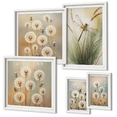 Wanddecoratie compositie met bloemmotieven van libellen en paardenbloemen