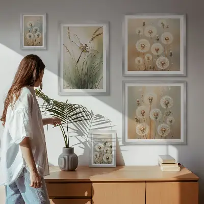 Wanddecoratie compositie met bloemmotieven van libellen en paardenbloemen