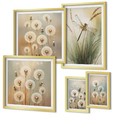 Wanddecoratie compositie met bloemmotieven van libellen en paardenbloemen
