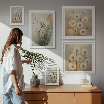 Wanddecoratie compositie met bloemmotieven van libellen en paardenbloemen