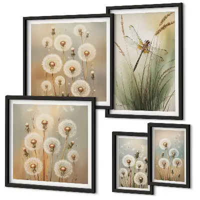 Wanddecoratie compositie met bloemmotieven van libellen en paardenbloemen