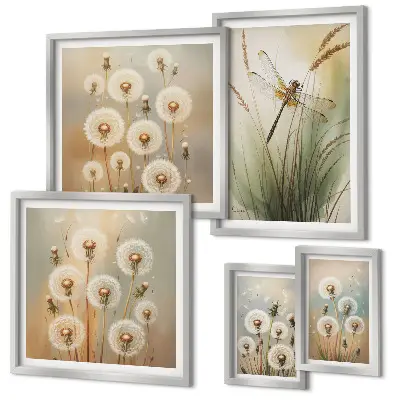 Wanddecoratie compositie met bloemmotieven van libellen en paardenbloemen