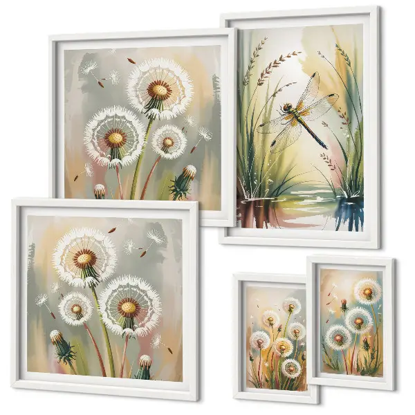 Set van moderne schilderijen met bloemen en libellen in natuurlijke stijl