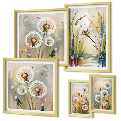 Set van moderne schilderijen met bloemen en libellen in natuurlijke stijl