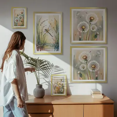 Set van moderne schilderijen met bloemen en libellen in natuurlijke stijl